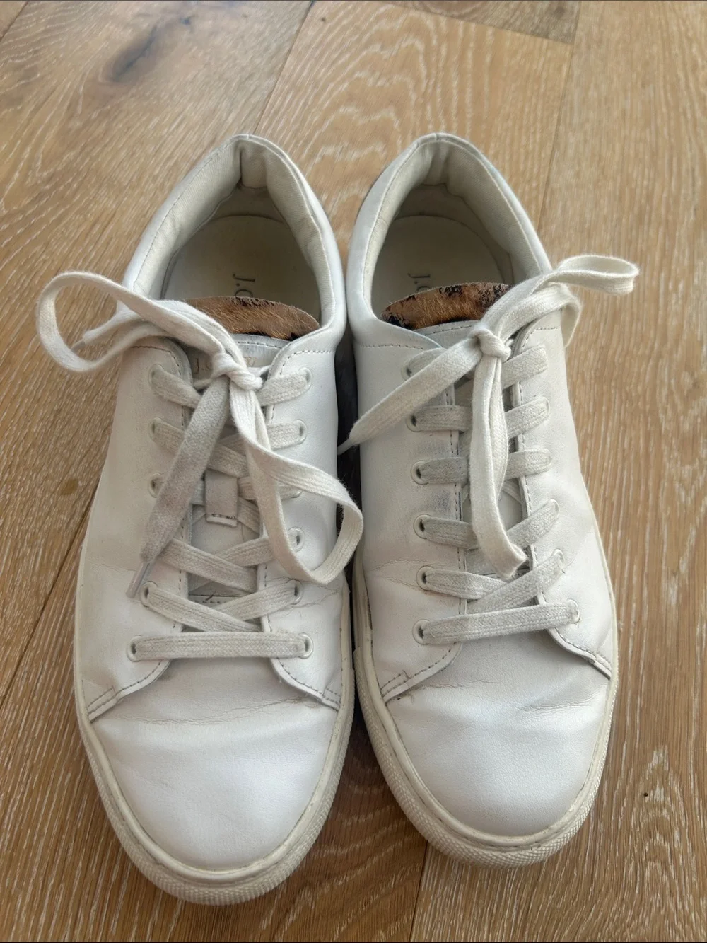 J. Crew Road Trip Leopard Calf Hair Low White Sneakers Size 9